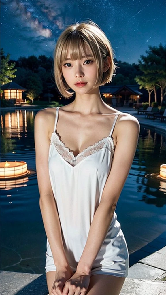 Tabletop、(Highest quality、4K、8K、High resolution、masterpiece: 1.2)、Very detailed、(Genuine、photoGenuineistic、photoGenuineistic: 1.37)、Full Body Shot、whiteＴshirt、Blonde Short Cut,Complex and beautiful eyes、woman、short hair、Natural color lip、Bold and sexy pose、smile、garden、 year old beauty、A cute and sexy shot of her looking at the camera