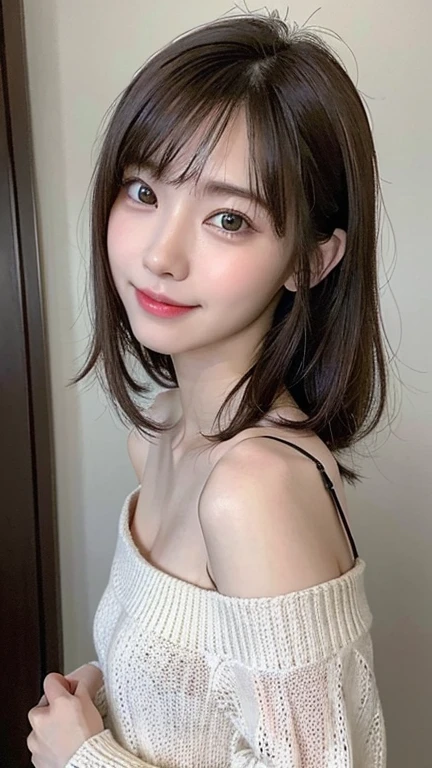 (​Masterpiece:1.3), (8K, Realism, original photography, Top image quality: 1.4), Japanese high school girl、(Random hairstyle:1.2)、cleavage:1.2、Super detailed face、Eye for details、double eyelids、chest together、sharp focus:1.2、pretty Woman:1.4、light brown hair、top quality、​Masterpiece、ultra high resolution、(Realism:1.4)、Highly detailed and professional lighting smile、Loose and lightweight knitwear、shoulders outward、thin and long、short hair、fatal position