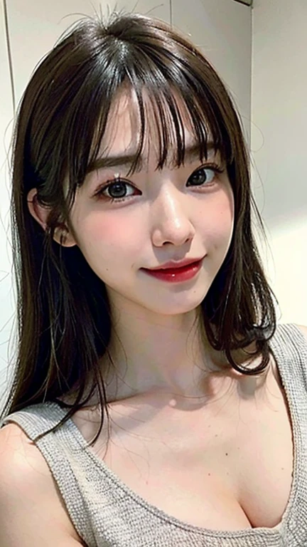 masutepiece, best quality, Ultra-detailed details, High resolution, 8K, perfect dynamic composition, beautiful detailed eyes, Trendy Women's Winter Fashion,poneyTail,small breasts,natural color lip,shy smile,luxury home bedroom、a 25 year old girl、cute type、looking at camera,Background blur