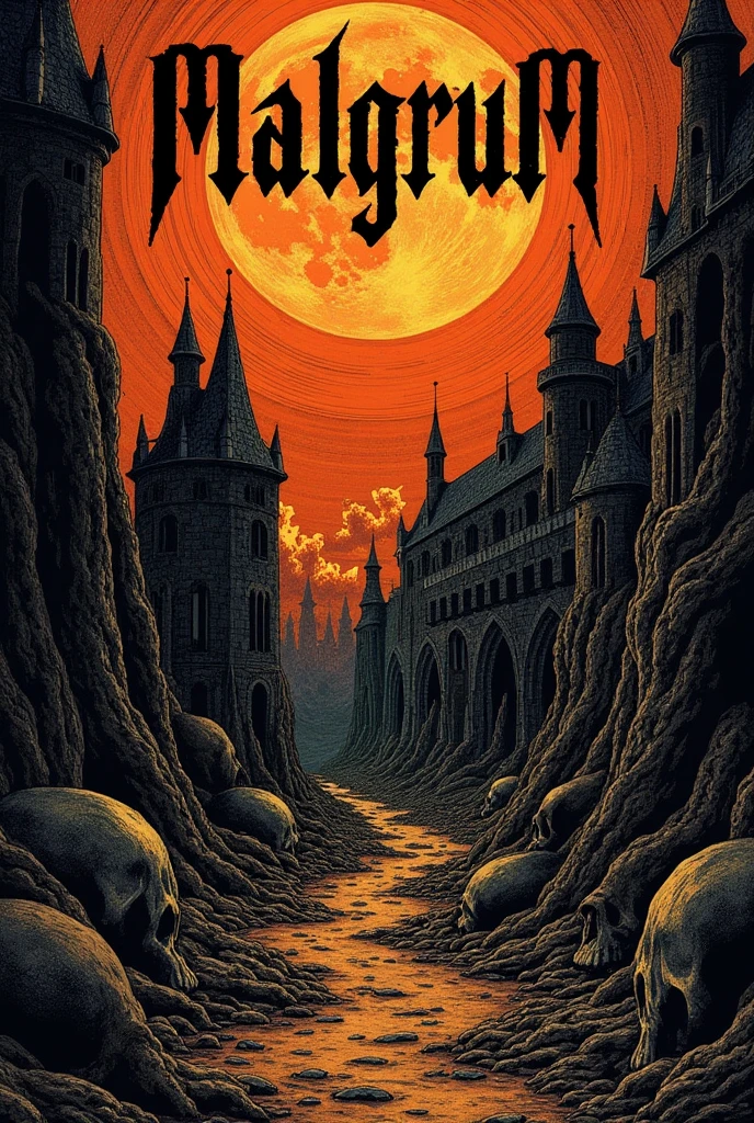 travel poster from the depths of hell, depicting an apocalyptic scene with a twisted, dark gothic aesthetic. Incorporate elements of the occult and ominous imagery, but present it in a light, whimsical manner as if it were a tourist destination.