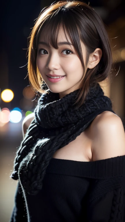 ((fullnude))、((hiding breast:1.2))、(realisitic、Photorealsitic、ultra-detailliert、Highest Details Skins、top-quality、masterpiece、超A high resolution)、Cute Japan Woman、sixteen years old、hi-school girl、younggirl、1 girl in、I have bangs、二重まぶた、drooing eyes、Large black eyes、Charming、purity、Cute smile、Natural smile、View here、look at a camera、Realistic skin type、Thick muffler、fluffy hair、((Hair is inside the scarf))、The wind is blowing、It's snowing、illuminations、bright lighting from behind、nightcity、blurry backround、shot from front