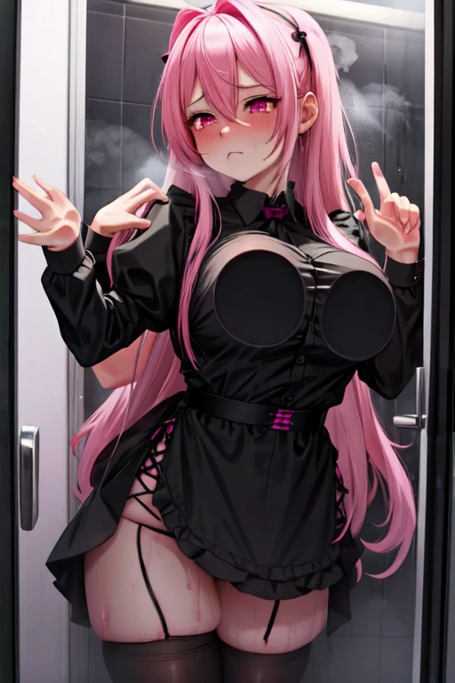 A young girl wearing only sexy black lace lingerie, glasses, long pink straight hair, pregnant figure, E-cup, back to the audience, hands ruffled her long hair, back without any cover, showing her hips to the audience, bubble butt