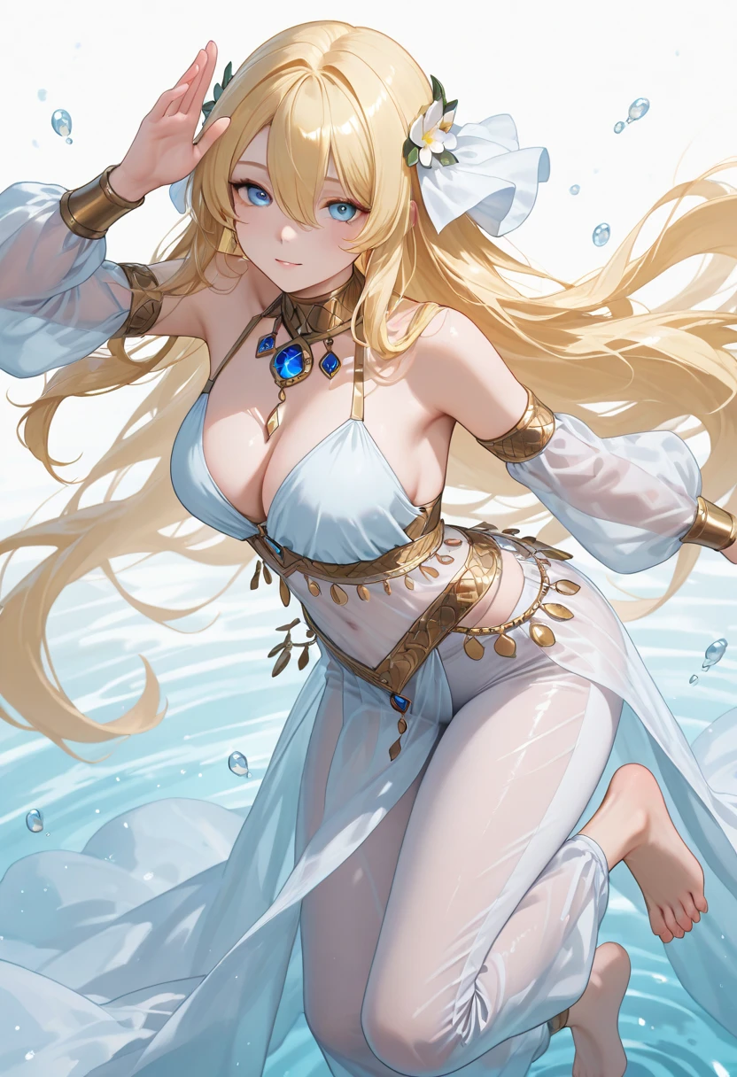 A woman with big ，(Gorgeous woman)，Princess，ahegao，Gorgeous Rococo dance dress，Long blond hair，Exquisite，(See-through chest)，Showing belly，(Blush:1.2)，Slender legs，seabed，(Daughter of the sea)，