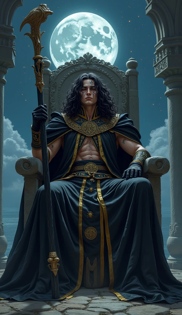 A pale-skinned man, beautiful sleepy emerald eyes, with arrogant expression, effeminate face, moderately pompous lips, extremely long jet black hair, wearing the attire of an ancient Egyptian god, sitting on a throne surrounded by men and women praising him. ((panel comic Marvel))