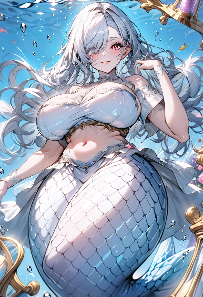 (masterpiece), best quality, expressive eyes, perfect face,1girl,jean,genshin impact,big breasts,lakeside,mermaid,fish ears,night,mind control,hypnosis,hypnotized,empty eyes,heart-shaped pupils,sexually aroused,smile,wet,strapless,bare shoulder,patterned bikini,looking at viewer,spoken heart,heart,eye symbol,phone,full body,white mermaid tail