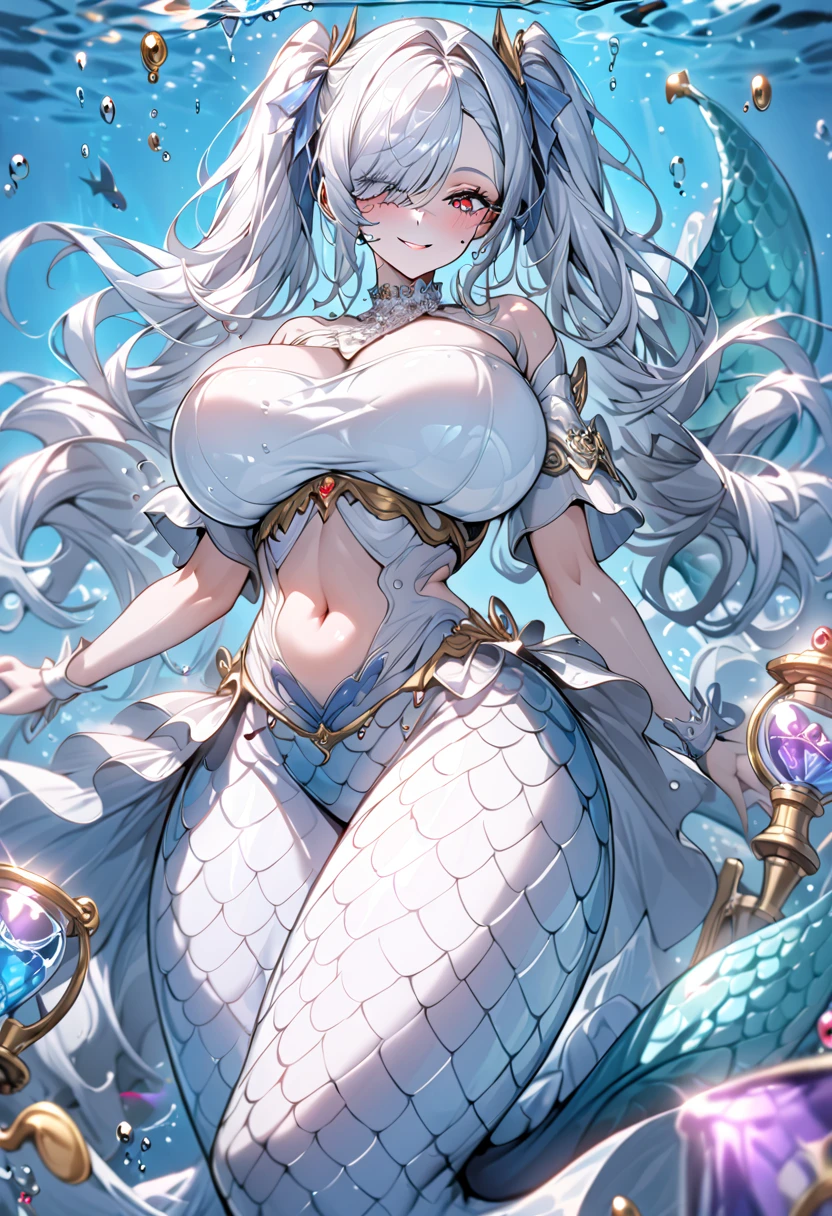 An ethereal digital artwork titled "Queen of Pearls" by artist Hess. The central figure is a woman emerging from an enormous oyster shell, her form seamlessly blending human and nacre. Her skin shimmers with an iridescent pearl-like quality, and her hair flows like strands of perfectly round pearls. She cradles a handful of luminous pearls in her palms, some of which float around her like bubbles.