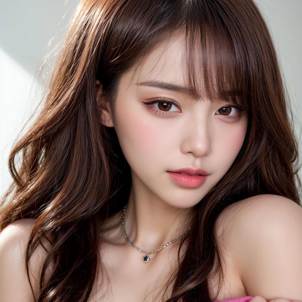 Canon RF85mm f/1.2,masterpiece,best quality,ultra highres,vc,1 girl,(korean mixed,kpop idol:1.2),solo,white_shiny_skin,black eyes,necklace,((brown_short_wavy_hair)),((pink_shiny_lips)),eyelashes,bangs,aface,make-up,shiny,Pore,skin texture,bracelet,offshoulder,see-through,big breasts