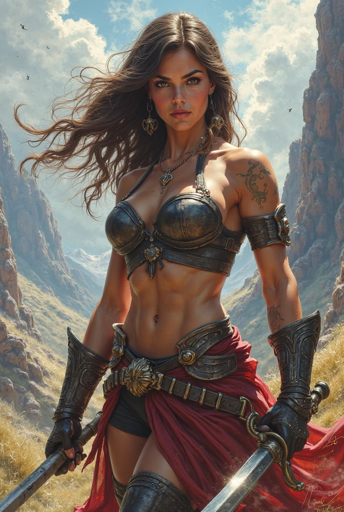 A beautiful barbarian woman wielding a battle axe, dressed in primitive armor in a defensive stance