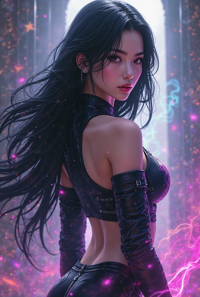 Beautiful girl , long braided black hair, slim fit body , crop top mini skirt, slim waist, rosy lips ,
, big breasts , dark mascara, pointy chin