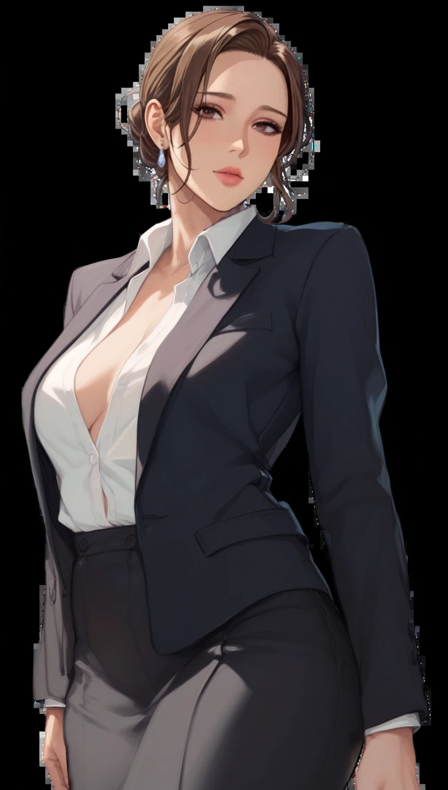 (masterpiece, best quality, highres, ultra-detailed), 1woman, long wave black hair, green eyes, handsome, detailed eyes and face, perfect body, earrings, ear piercing, unbuttoned black blazer, white shirt, trousers, bare collarbones, chain necklace, city slums background, by amano akira
