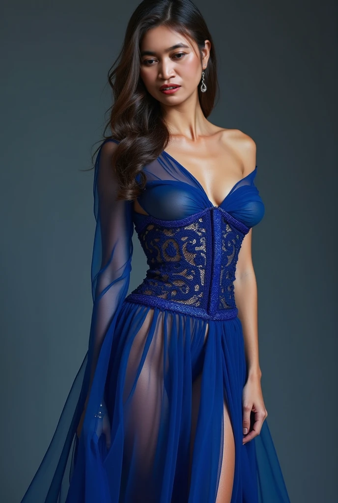 fashion modell, perfect big blue eyes, Perfect iris, Perfect lips, perfect teeth, flawless skin, Glow, (Subdued Color:1.2), Baby Face Woman,
Gorgeous dress up, cobalt see-through lace dress,
Standing,
Kamimei, Photorealsitic、8k picture, full picture