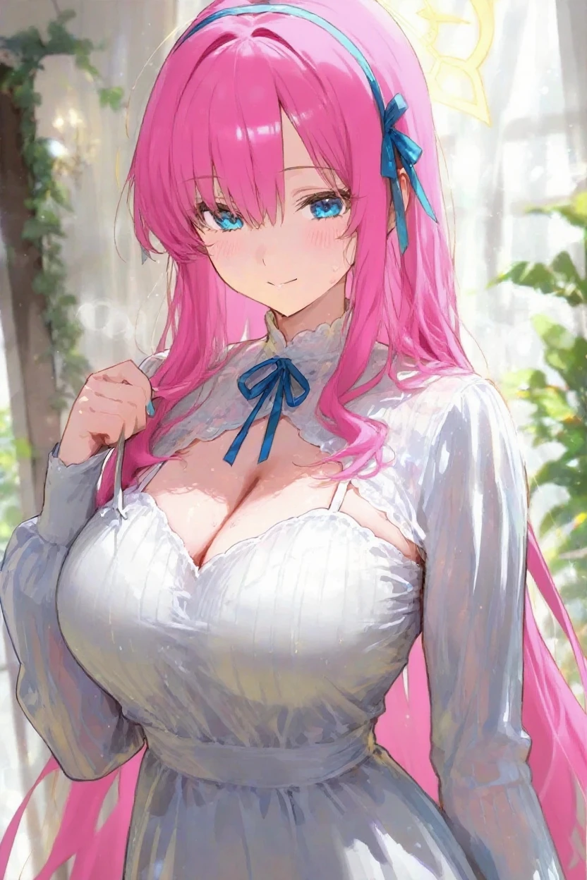 handsome girl,blue-eyes,blue pupils,Long pink hair,Hyperresolution,accuracy,Detailed rendering,(Subtle facial image)(Image of fine hair)(topquality)(Masterpieces of masters)(High degree of completeness)(A sense of atmosphere)tmasterpiece,Super detailed and super detailed(half-body portrait), long wavy pink hair, (((tHICK WAVY HAIR)))(((ANKLE LENGTH HAIR)))(((Blushing)))(((Huge breasts)))(((LARGER BREASTS))) large breasts, bigger breasts (((Bigger breasts))) (((Blushing))) (((Sakimichan))) (((Pink hair))) (((cute outfit)))(((Casual full outfit)))(((Dressed up))) (((Covered up))) (((Casual dress)))