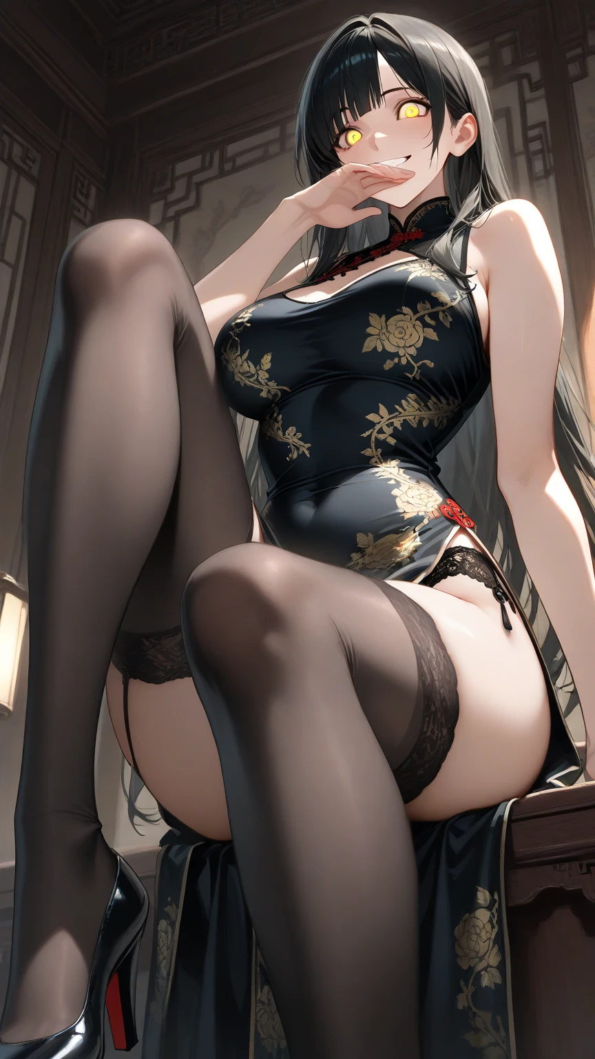 masterpiece, best quality, Long hair, blonde hair, blue eyes, big breasts, indoors, Windows, wide hips,vup vertical painting，，bare legs，High heel，full-body shot，lie