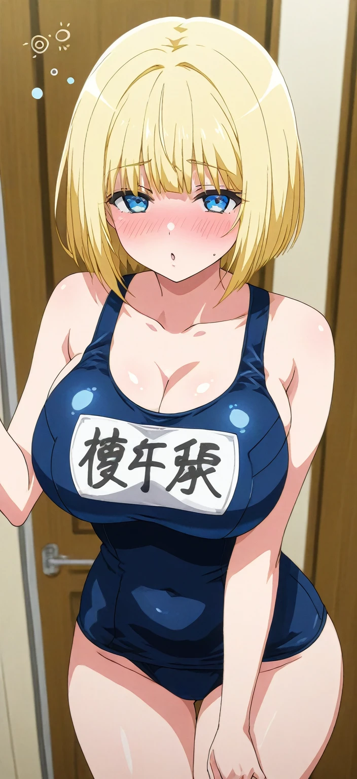 An illustration of a woman laughing heartily, showing genuine joy and amusement. The scene captures her with her mouth open in laughter, eyes closed, and hands on her stomach as she doubles over in mirth. The background is bright and cheerful, emphasizing the positive energy and happiness of the moment. (Blonde、Tank top、ponytail)