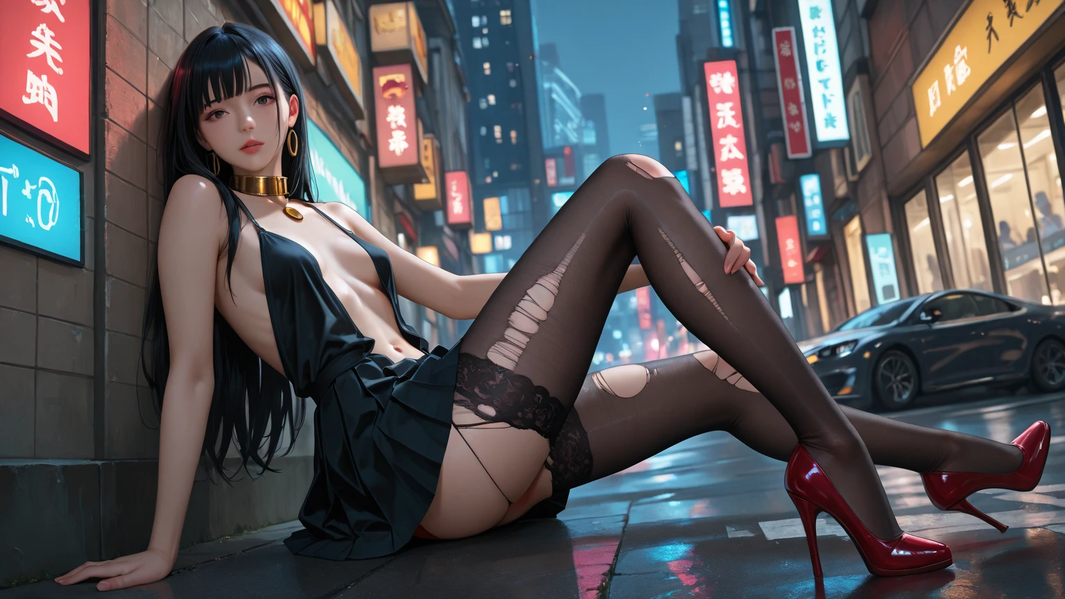 Giantess with firm , long sexy legs, yellow hair and in a bikini is lying on the ground, while the city at her feet burns in flames for the destruction she has caused, while the tiny people climb on her body to try to defeat her uselessly. Giantess, goddess, macrophilia, curvaceous body, hentai, fetish, sexy legs, bikini, high heels, high quality