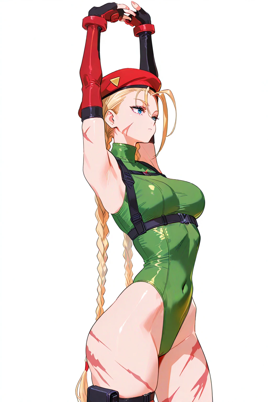 (White background, 1girl:1.4), BREAK,
Long braided blonde hair, Green Eyes,Narrow waist,voluptuous Breasts,(white one-piece swimsuit,white competitive swimwear:1.6), blush,Open your mouth,(covered nipples:1.2)