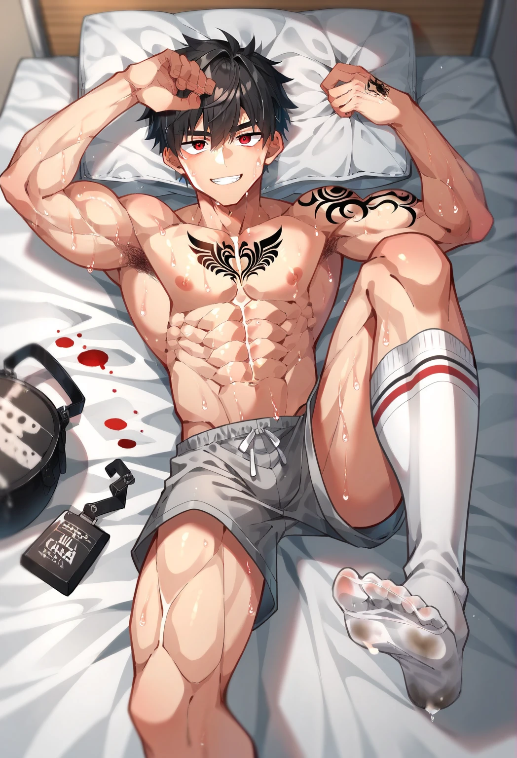 A handsome guy with abs，tattoo all over his body, bulge, tight gray boxers, laying on tattoo chair. Scar on his chest and left eye