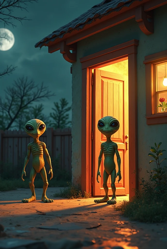 Two Little Man Stand up out of door in night creative image