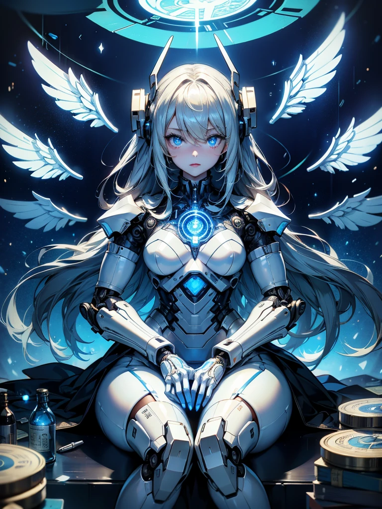 1girl、silver hair,gold eyes,Leotards, blackskin、Blue Moon,. clear vinyl dresses, wariza、mechanical wings,android, joints, robot joints、deep faint light 、 detailed CG、high resolution