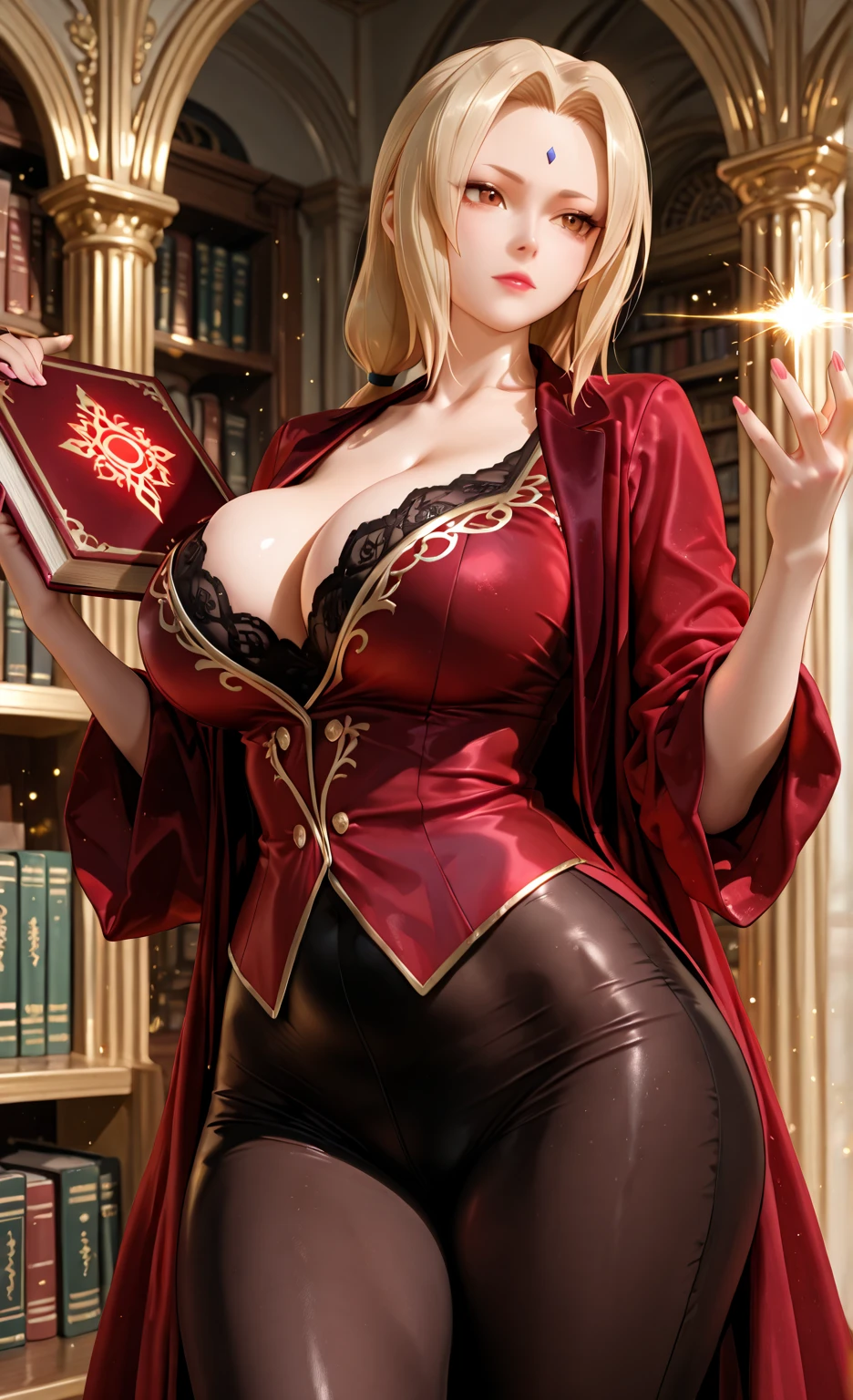 (masterpiece, best quality, hires, high resolution:1.2), (depth of field:1.2), (1girl, solo), (fantasy), (mature sexy woman), (a sexy female wizard), (eyeliner, eyelashes, eyeshadow, glossy lips), (long wavy blonde hair), (gigantic breasts, cleavage), (groin), (ornate delicate red  dress with cloak:1.3), (at a old library, messy library), (table, pile of books), (sexy pose), (cowboy shot:1.4),
