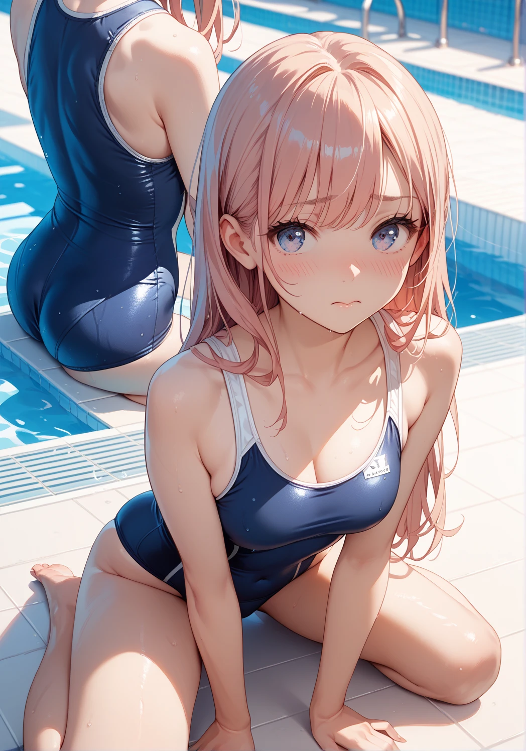 NSFW,pieces fly,masterpiece,highest quality,Super detailed,High resolution,High resolution,8K portrait,unity,8k壁紙のHigh resolutionCG,unity 8k wallpaper,cute type,a bit:1.5,upon:1.5,Highly detailed CG unity 8k wallpaper,realistic,real person,cute type,a bit,portrait photography,shiny skin,High resolution,(10 years old:1.3),(1 girl),beautiful clear eyes,very detailed explanation,delicate face,nice lips,slender body,flat chest,same,thin waist,thin foot,(school poolside:1.6),cute type,perfect face,seriously,(blush:1.5),((cute:1.5)),(pink hair twintails:1.3),((flat chest:1.3)),same,((navy blue school swimsuit:1.2)),(I have nipples:1.2)、detailed explanation,vagina,vaginaを表示,spread,foot,spread、((vagina内で絶頂:1.5)),(leaning forward:1.2)