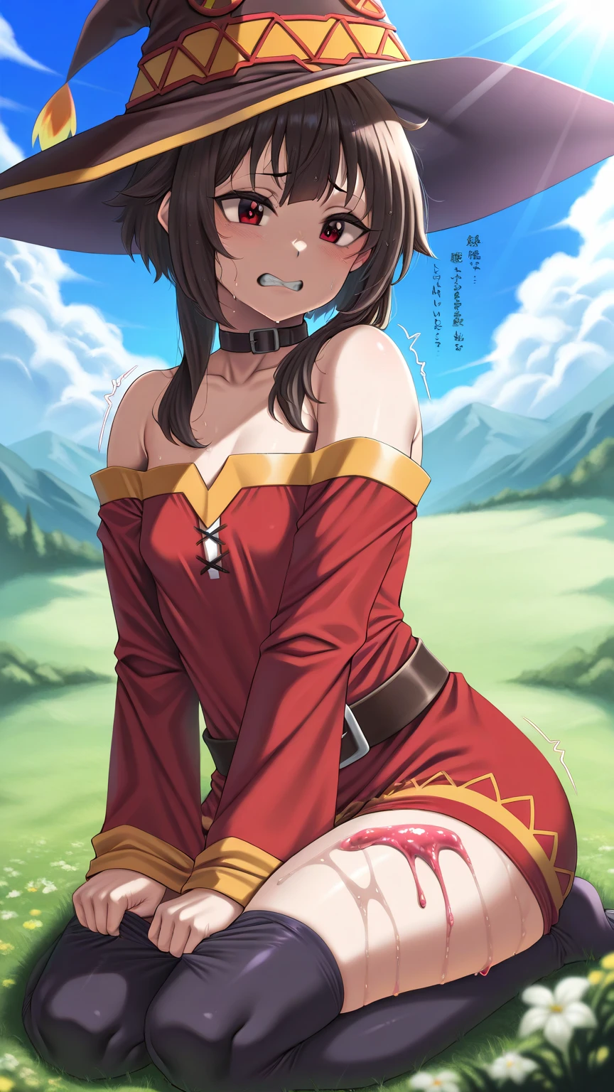 score_9, score_8_up, score_7_up, score_6_up, source anime, BREAK
<lora:konosuba_megumin:0.8> nimugempnxl, megumin, 1girl, solo, short hair with long locks, small breasts, close-up,
off shoulder dress, witch hat, on grass, outdoors, sleeping, snoring, smile