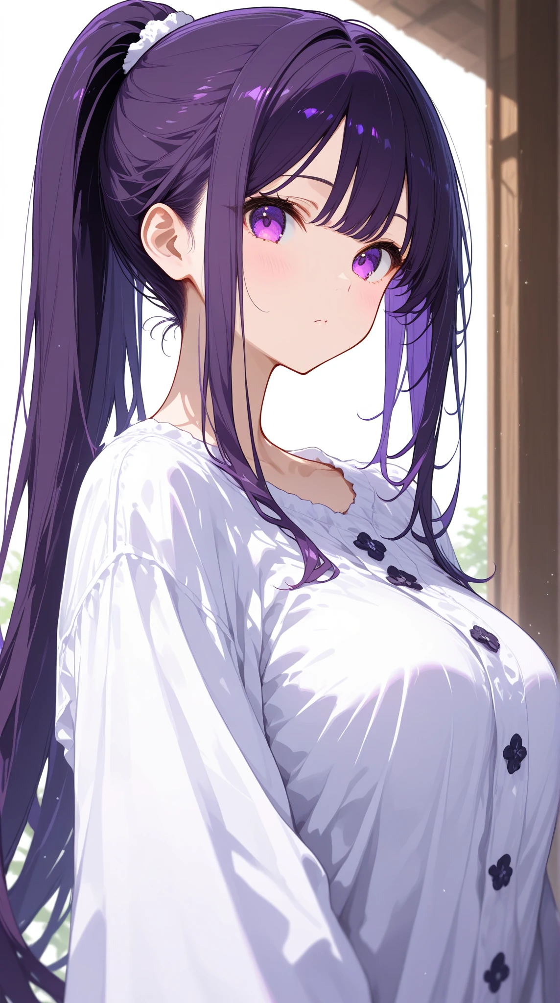 masterpiece, best quality, very aesthetic, absurdres, newest,1girl,naked_shirt, covered_nipples, ,hoshino_ai_(oshi_no_ko), eyelashes, eyes_visible_through_hair, fangs, floating_hair, glint, sparkle, star_(symbol), star_hair_ornamenthair_between_eyes, hair_ornament, hair_ribbon, heart-shaped_ornament, long_hair, purple_eyes, purple_hair, rabbit_hair_ornament, sidelocks, star-shaped_pupils, symbol-shaped_pupils, tsurime, very_long_hair,,,in a church,cathedral