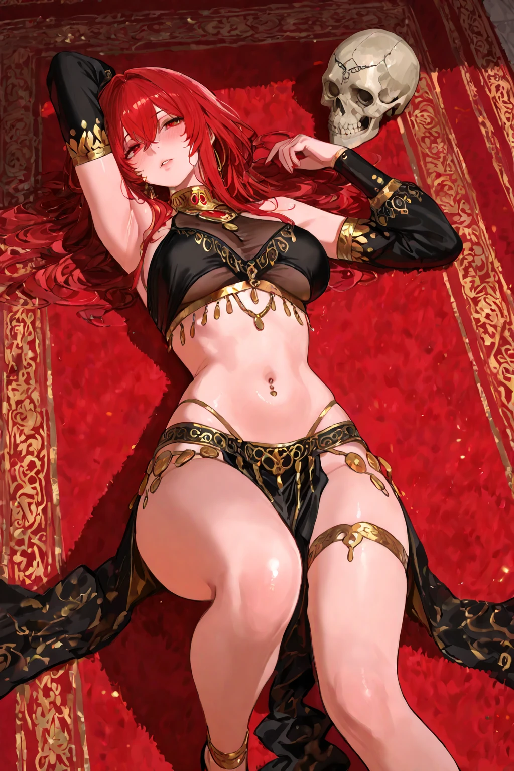girl aged 24 years, poca ropa, ropajes con detalles de oro, egipcia, orejas de anubis, ojos rojos, mirando al espectador, con los brazos elevados, piel morena, cola de zorro, alta defincion en el detalle, cabello muy largo, mechones de color rojo, fondo desertico, incada, cuerpo completo, ojos rasgados, sexy, semi vestida, tatuajes dorados, arete en el ombligo, anubis