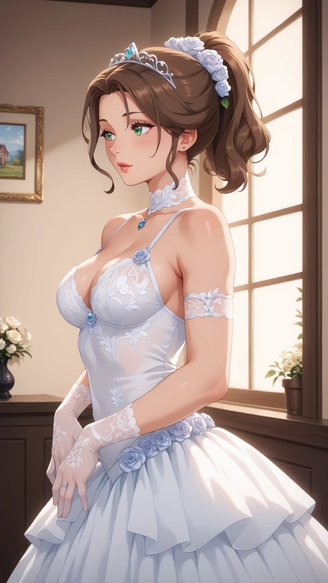 Kousaka honoka,wearing a luxurious dress, exquisitely designed with intricate patterns of light pink lace adorning her body. The dress features a captivating silhouette with sheer sleeves delicately draping over her arms.
Her lustrous sun-kissed hair intertwines in an eye-catching hairstyle, elegantly wrapped back with some strands cascading freely over your shoulders, adding an unmatched elegance to her look.
Standing in an upscale setting, your appearance is complemented by your enchanting facial expressions. Her eyes sparkle with happiness and confidence, while her soft smile reflects an unparalleled charm. Her elegant and poised pose highlights her beauty and femininity with grace and sophistication befitting the upscale location her inhabit.
This vision embodies the epitome of elegance in all its forms, showcasing natural beauty in its finest form.
