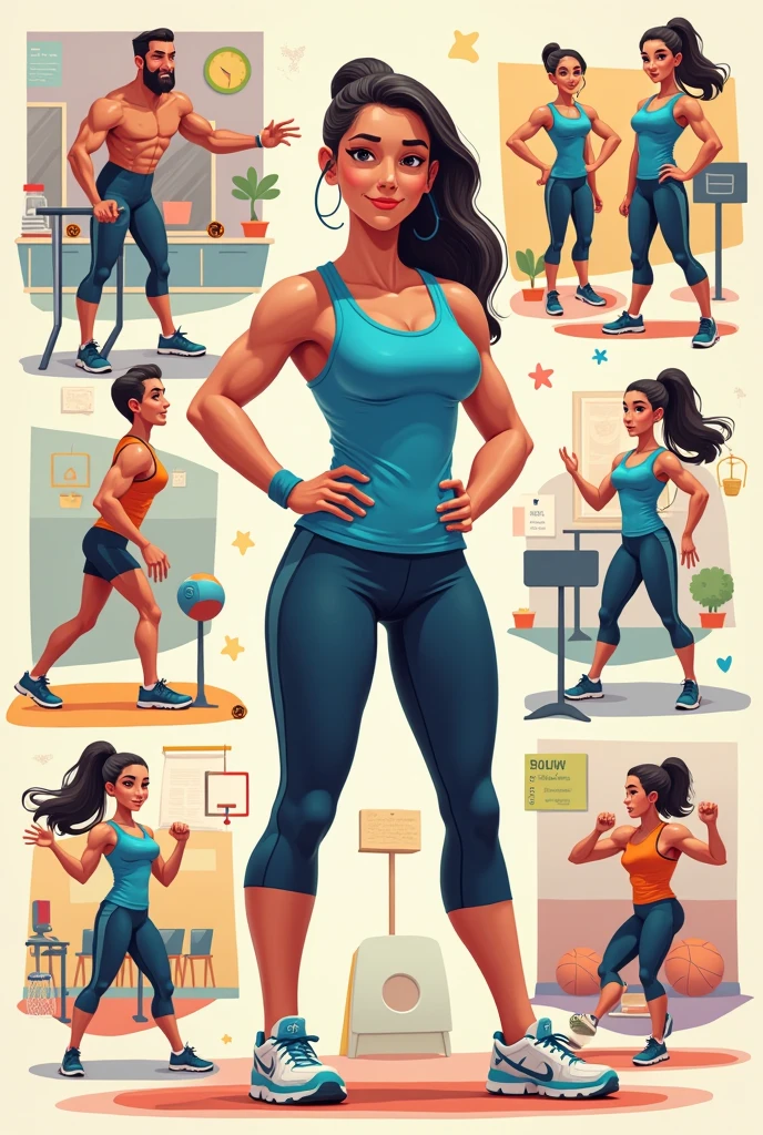 Cartoon of a woman in a sports bra top and leggings, Full body illustration, character is in her natural pose, Full body picture, full character body, character posing for concept art, character full body portrait, height detailed body elements, female human body whole body, full body character portrait, Full body character design, Stylized proportions, Full body character drawing, fit girl