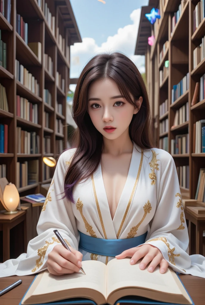 16K Ultra HD Ultra Detailed Best Shiny Detailed Hair Beautiful Long Haired Human Woman,Wear a printed kimono,Glowing and radiant skin,Ruddy cheeks,Moist eyes,meticuloso,Sit at your desk and read a book,Big breasts on table in library background