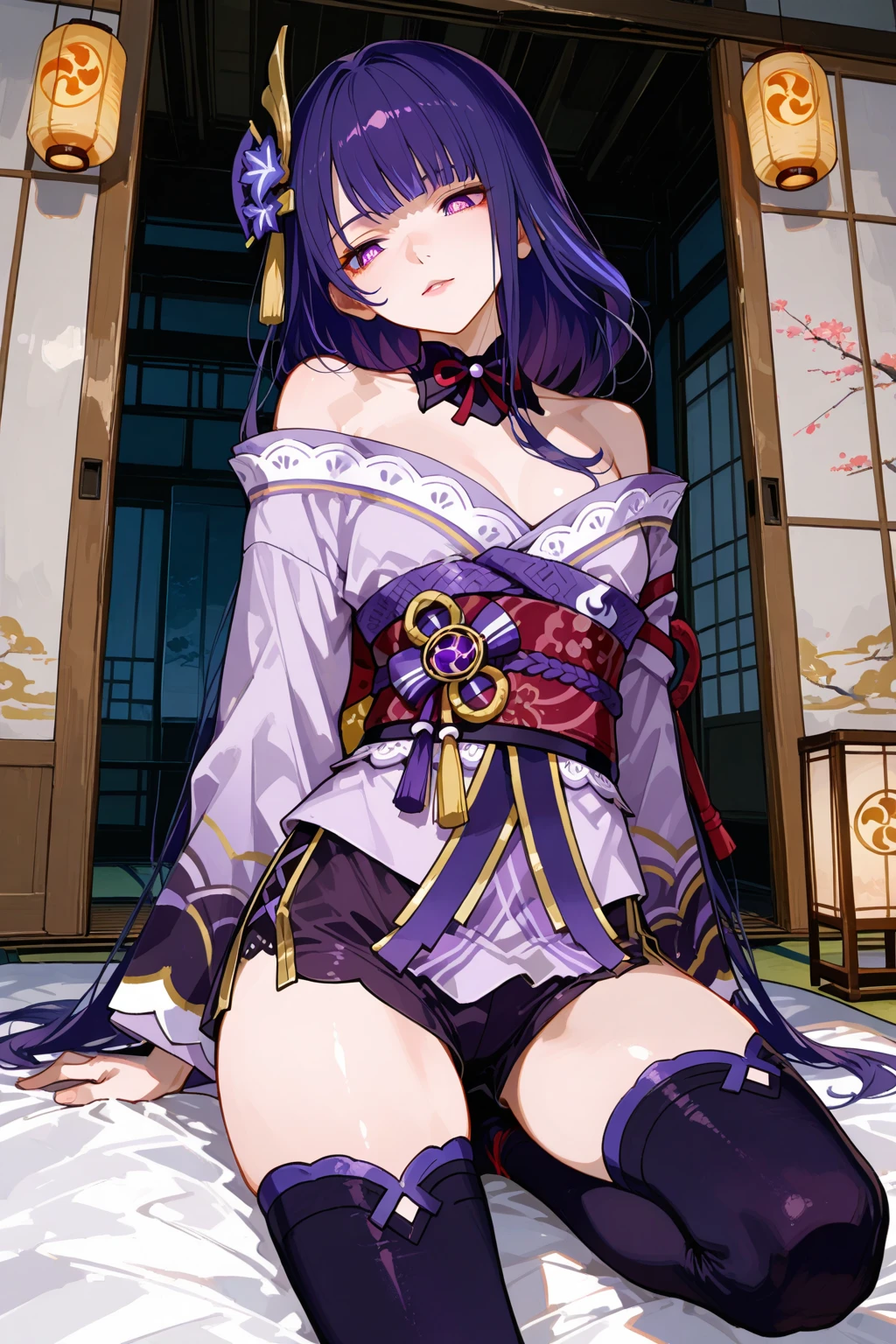 masterpiece, Shogun Raiden \(genshin impact\), Shogun Raiden \(genshin impact\), beautiful, mad, genshin impact, purple hair, (beautiful detailed eyes), beautiful, amazing, best quality, female, underwear visible, ultra-detailed, epic, mad expression, very angry expression, looking at camera. she has really short skirt and her underwear is visible, her underwear visible, her underpants visible. legs spread wide, underwear visible. legs widespreaded