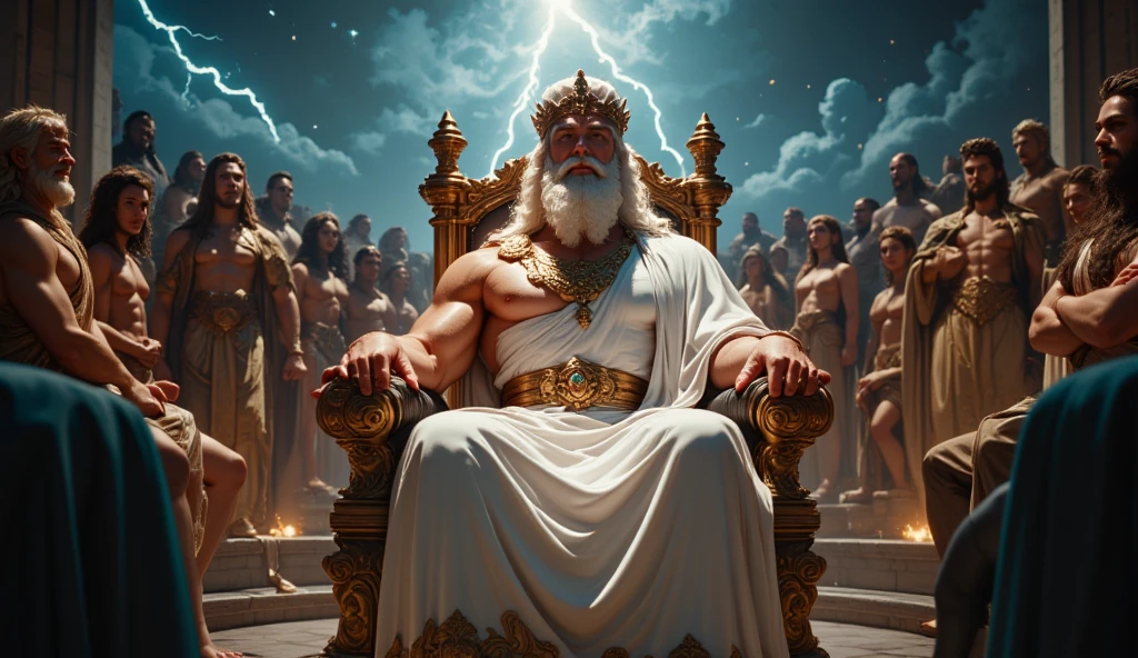 cinematic still medium shot of an imposing Zeus sitting on his throne summoning thunder, ethereal being with immense power, Ancient Greek palace in heaven, shot on Sony, high budget, epic, gorgeous, film grain