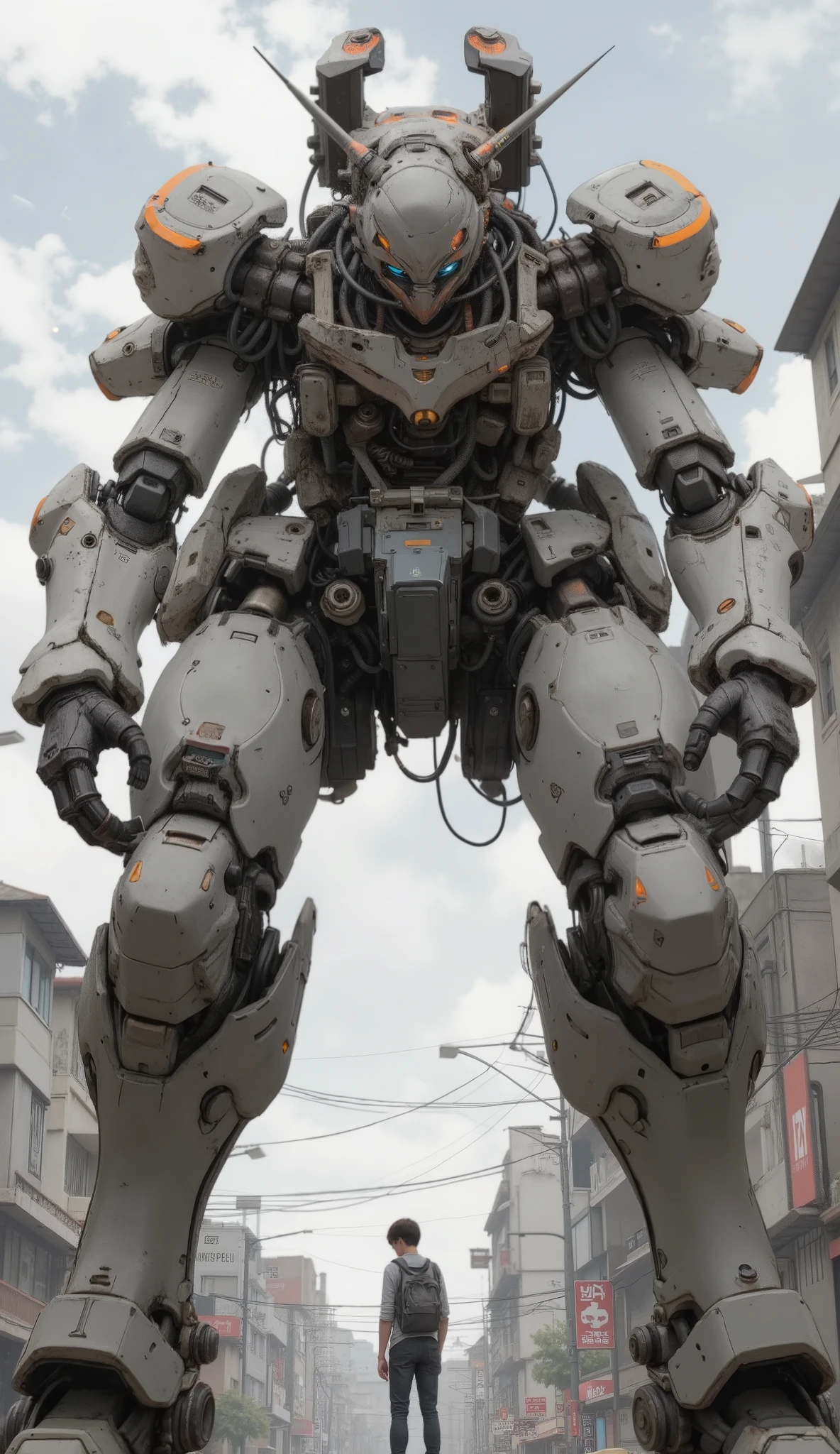 Close up of a robot standing on the street and a person standing next to it, an anime large Mecha robot, giant anime Mecha, 巨大ロボットMecha, giant Mecha robot, 巨大Mecha, Broken Giant Robot, Metal Gear Mech, フルボディMecha, Mechaボディ, comic style battle mech , # Mecha, Mecha anime, cool Mecha style