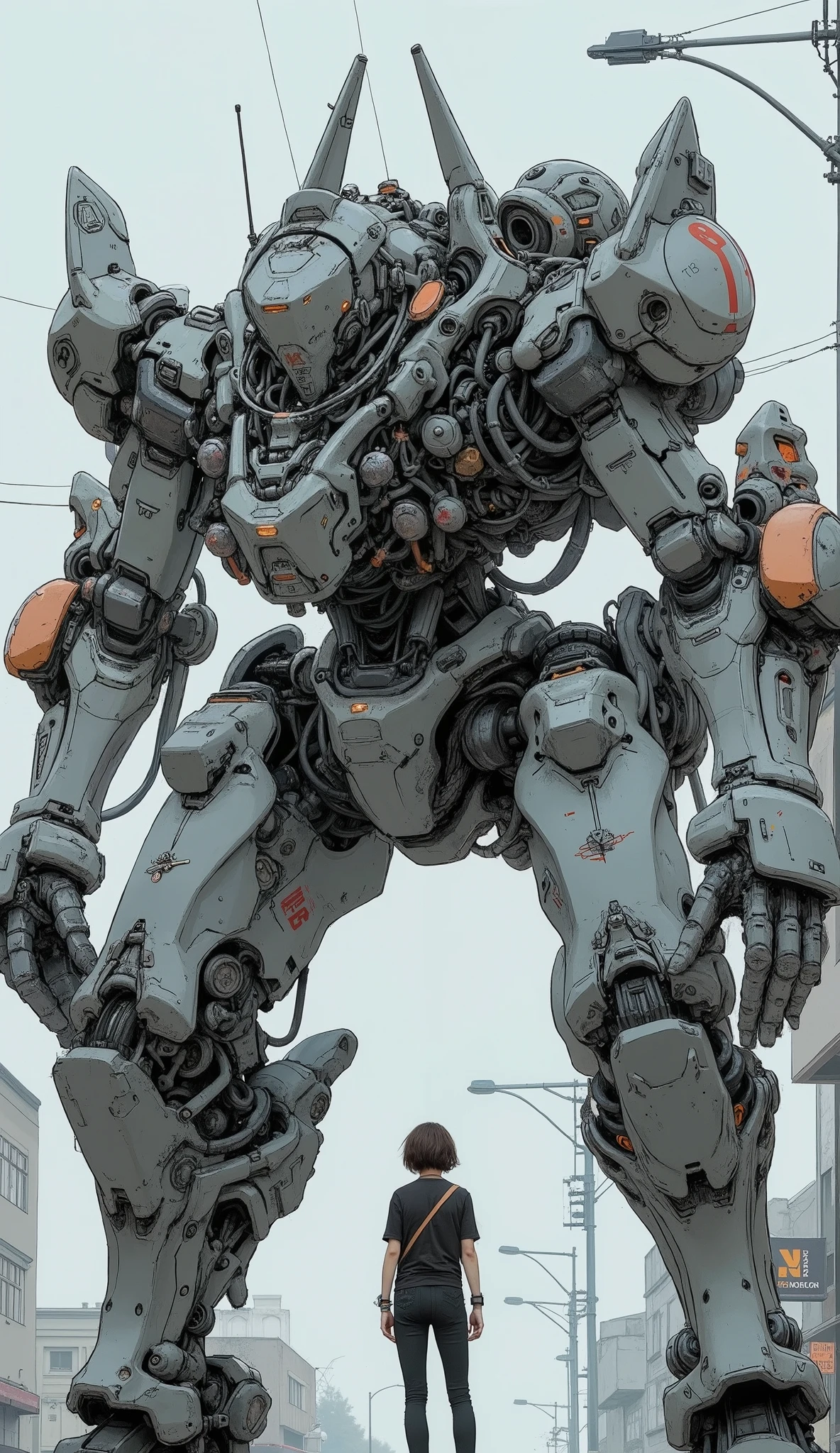 Close up of a robot standing on the street and a person standing next to it, an anime large Mecha robot, giant anime Mecha, 巨大ロボットMecha, giant Mecha robot, 巨大Mecha, Broken Giant Robot, Metal Gear Mech, フルボディMecha, Mechaボディ, comic style battle mech , # Mecha, Mecha anime, cool Mecha style