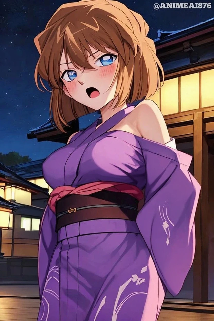 BREAK indoors, festival,night,stars,starfalls,wet road, BREAK looking at viewer, BREAK (masterpiece:1.2), best quality, high resolution, unity 8k wallpaper, (illustration:0.8), (beautiful detailed eyes:1.6), extremely detailed face, perfect lighting, extremely detailed CG, (perfect hands, perfect anatomy),Miku Nakano, Miku Nakano Chick III, Long Hair, Bangs, Blue Eyes, Brown hair, Hair between the eyes,medium Breasts,japanese clothes,kimono,wet kimano, yukata,cleavege,neckline,black choker, naked shoulders,