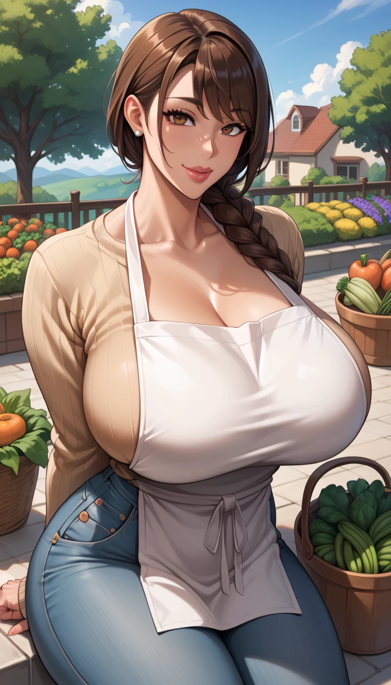 Female 26 years old，housewife，Sunlight，Smile，put on lipstick，Light brown curly hair，Aqua blue suspender skirt，Slightly plump，huge firm breasts，market shopping，Wearing a watch on the right hand，half moon earrings