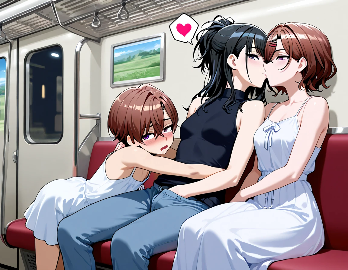 A naked middle-aged man is inserting his penis into the vagina of a small-breasted girl who is lying down on a train, crying, with black bob hair, ????? nipples, pale pubic hair, ???????, no underwear, wearing a plaid skirt, feeling embarrassed and scared, and resisting.、whole body

