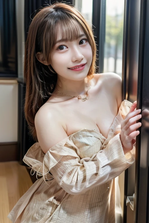 Photorealistic, high-quality 32k photo of a beautiful Japanese girl, who has big breast and breast squeeze, wearing Knit vest, with detailed eyes and a serene smile in a bedroom softly illuminated by candlelight. The gentle glow of the candles casts a warm, romantic light across the room, highlighting her peaceful expression and the intimate, soothing ambiance of the bedroom