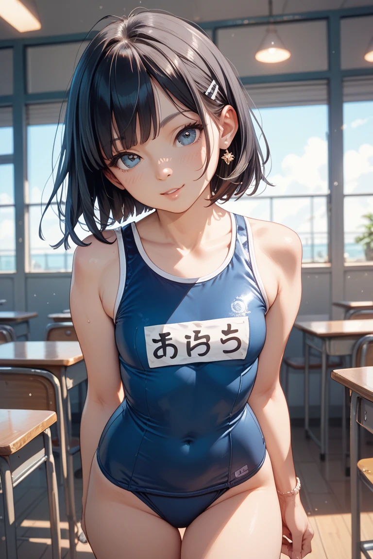 {Japan Slender Beauties}, High Definition, Best Quality, {Masterpiece}, Super Detail, {School Swimsuit}, Caustics, Detail, Full Fingers, Movie Lighting, Short Hair, No Red Cheeks, School Classroom