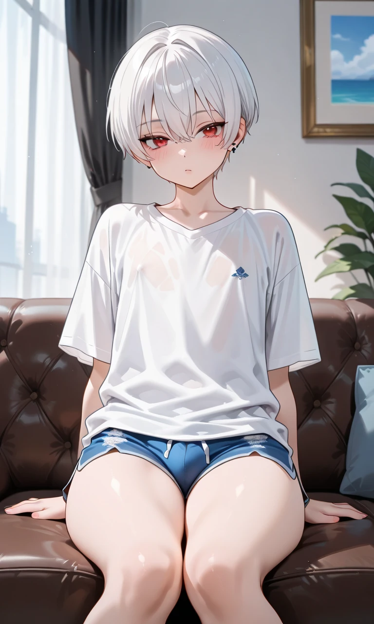 1boy, 18 years old, slim, plain white short sleeves, white tight underwear, image looking at viewer, hard cock, holding game controller, sitting on the edge of a bed, white hair, grey eyes.
