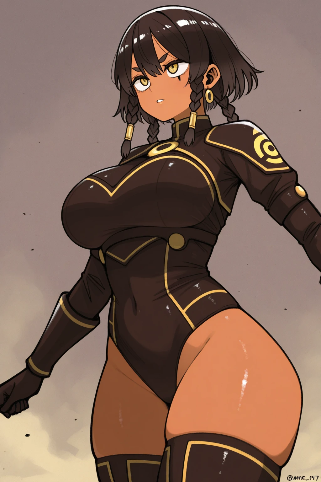 (cowboy shot), (best quality, ultra-high resolution, depth of field:1.2), adult, 1woman, toned body, wide hips, solo, black hair, streaked hair, short hair, bangs, (tight full bodysuit), (graffiti:1.4), slouching, laying on the wall, looking at viewer, upturned eyes, brown eyes, head tilt, mischievous grin, golden necklace, golden braclets, hands behind back ((huge tits)), (dark skin), tan, fit