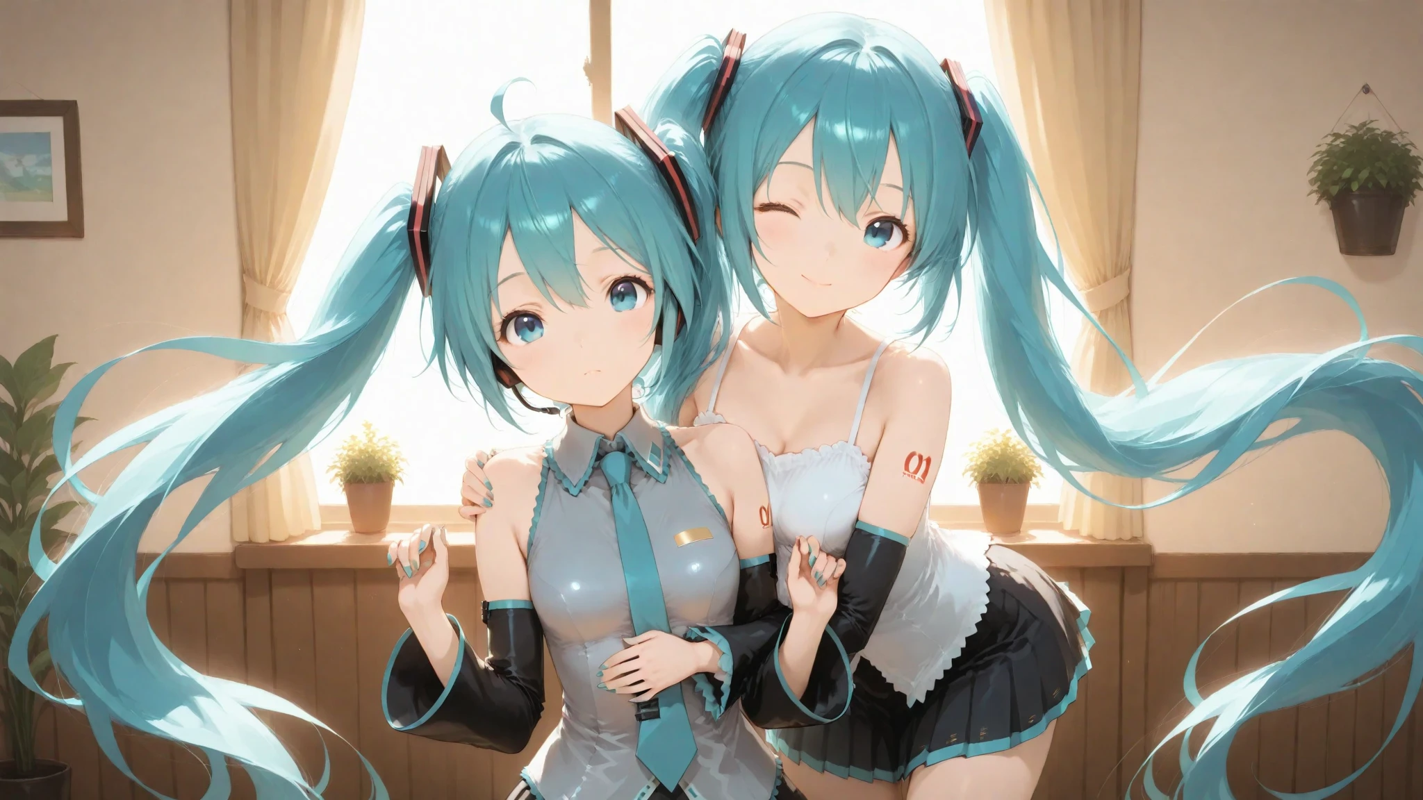 ((The duo of Hatsune Miku and Kagamine Rin)) ,(((anime-style cute face)))、(((nude)))、(Healthy system)、Highest quality、超High resolution、High resolution、Extremely detailed CG、8K Unit Wallpaper, Very smiling, (((Small cute beautiful breasts))), Beautiful and seductive,Highest quality, Best Anatomy,Cleavage、Cute nipples standing、Beautiful areola、Large and muscular thighs、Depth of written boundary、Focus is on the face、blush、Lewd、Close-up of face and chest、(Healthy female body)、looking at the camera、Luxury love hotel bedroom、Shot with a standard lens、((Photographed from diagonally in front))、Lewdな雰囲気、Lots of sweat、Correct pink female genitalia exposed、(((Deep Kiss)))、Embrace each other