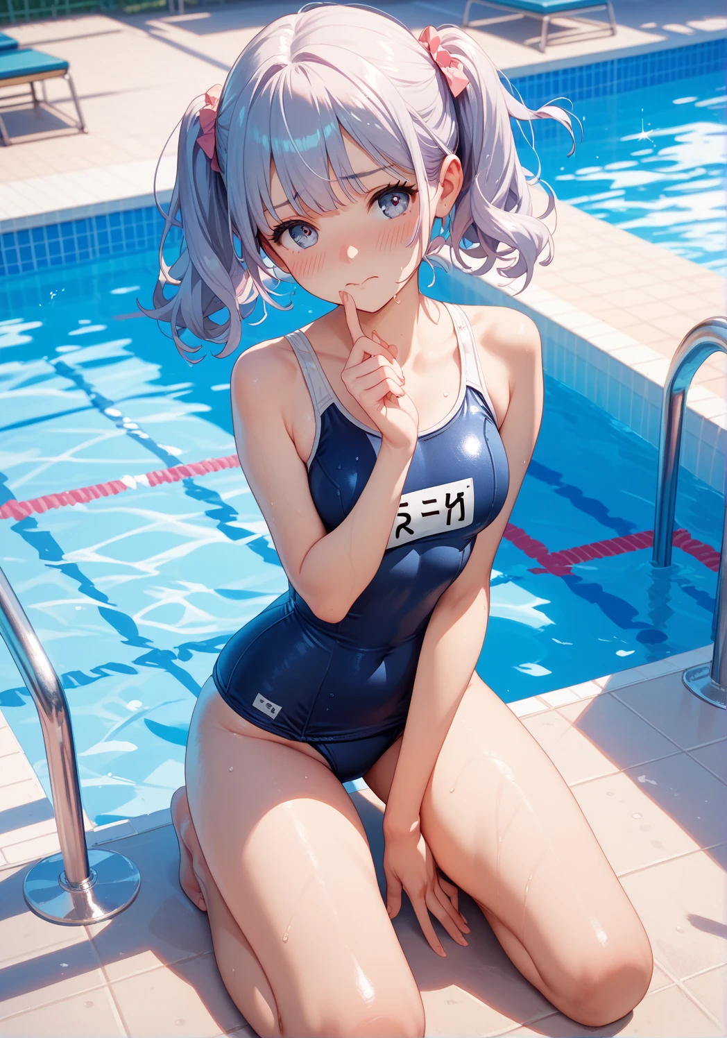 Absurd, Super detailedな,(In 8K:1.3),Masseter muscle area,(masterpiece:1.2)、(Highest quality)、4K、Super detailed、(Movement Structure:1.4)、(Shining Lights), High resolution, Best Quality、(One girl:1.4),Super detailedな,Bright colors、Treebreak Production Art,High-level image quality、Fine image quality、Intricate details,Volumetric Lighting,Realism BREAK、Profile、 Idol face、15 years old、Very beautiful face and eyes, Beautiful images、 natural make up、puffy eyes、catchlight eyes、deep detailed eyes、 (Big Tits)、(glossy skin :1.5), (Light blue hair,short hair、blunt bangs:1.2)、 (orgasm face)、 (A school swimsuit with a vivid texture:1.3)、(Breast bag)、 (School poolside),(Baby Face:1.2)、squatting、(shoot from behind)、nice butt