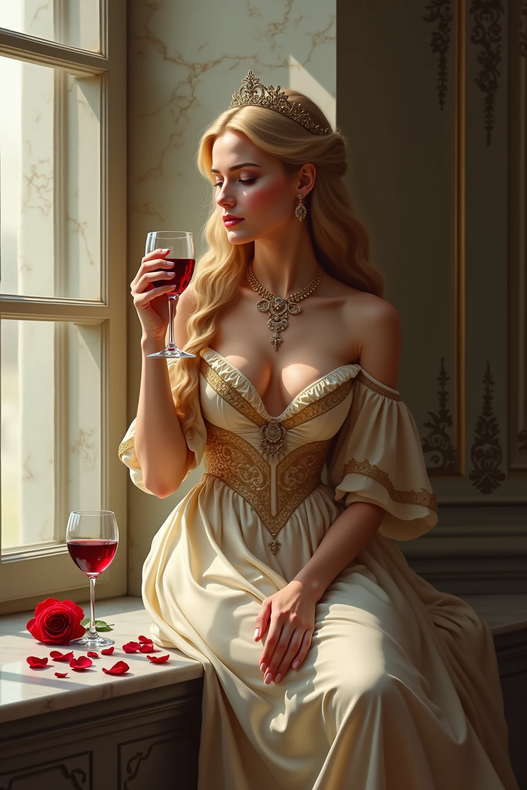 A young female vampire, beautiful, in a silver gown, holding a glass of wine in her hand. --auto --s2