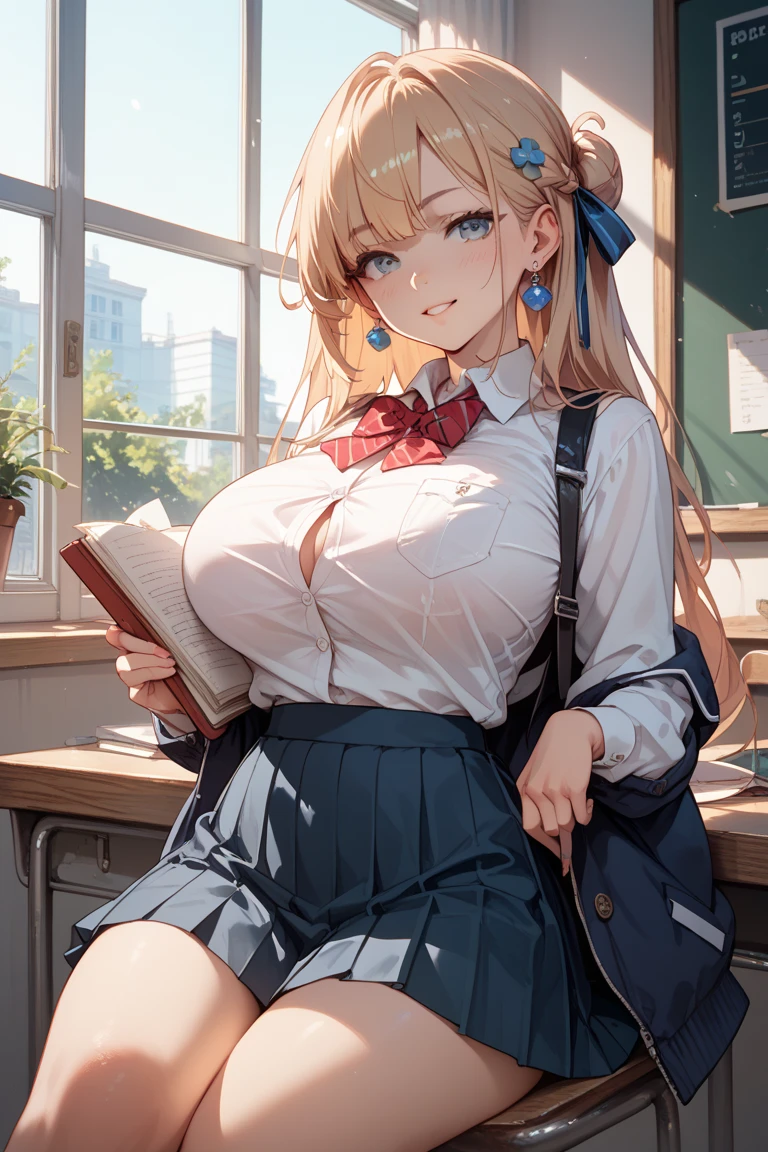 (nsfw:1.3), ((masterpiece)),((best quality)),absurdres,
1girl, teen, at desk, (reading book:1.3), (white :1.4),
(classroom:1.4), sunlight,
(half-closed eyes:0.4), (parted lips:1.4), (nose blush:1.2), light smile, big breasts, cleavage, fake breasts,