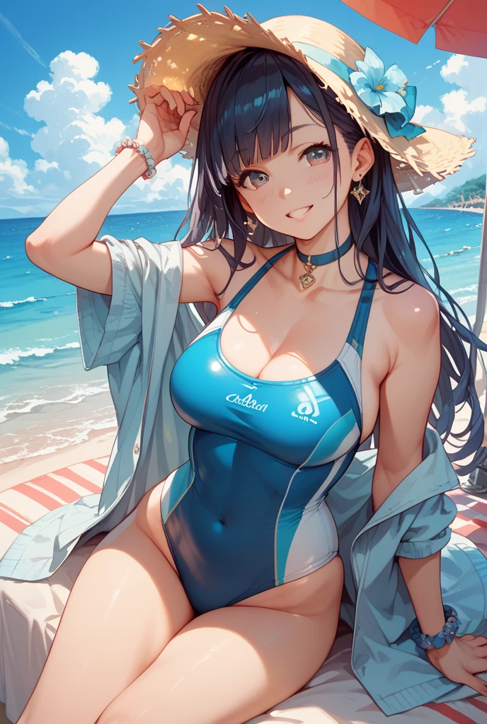 Nine gauze| genshin impact, tmasterpiece, Best quality at best, 1个Giant Breast Girl,20yr old, example body, routine, water jacket, Baskini, , ,only, The challenge of lying on the beach, Beautiful sea, The sky  beautiful, Viewing the audience from the front.,  thigh band, tilt of the head, boring, 10, 10, k hd, light  smile,