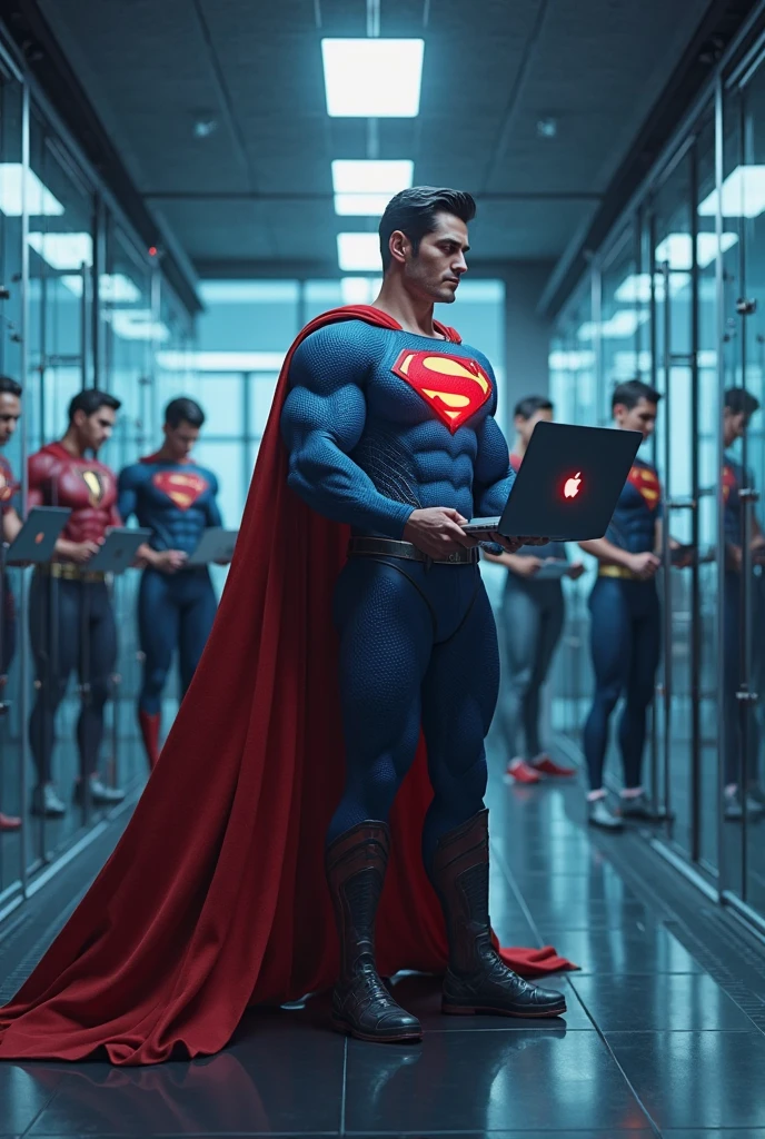 tyler hoechlin as classic musular Superman in full blue tight costume & red bikini briefs, is being strangled & intruded by thick electric cables, struggling, exhausted, helpless. many electric wires & a hi-tech round electronic gadget is attached on superman’s erected crotch & his bulge is being caressed, being assimilated into a supercomputer. trapped inside a futuristic lab.