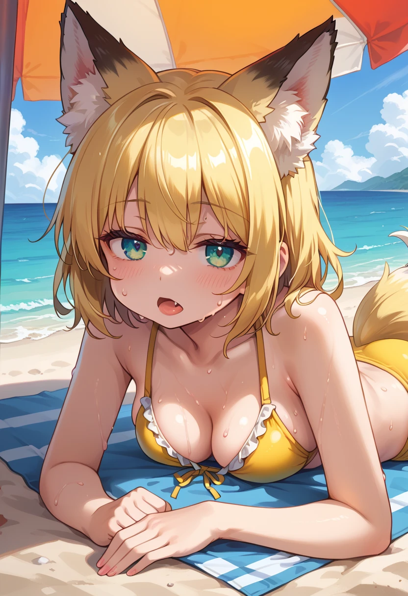 1girl with long blonde hair, green eyes, floppy dog ears, dog tail, embarrassed, blush, in golden bikini with mini skirt. In water, sea