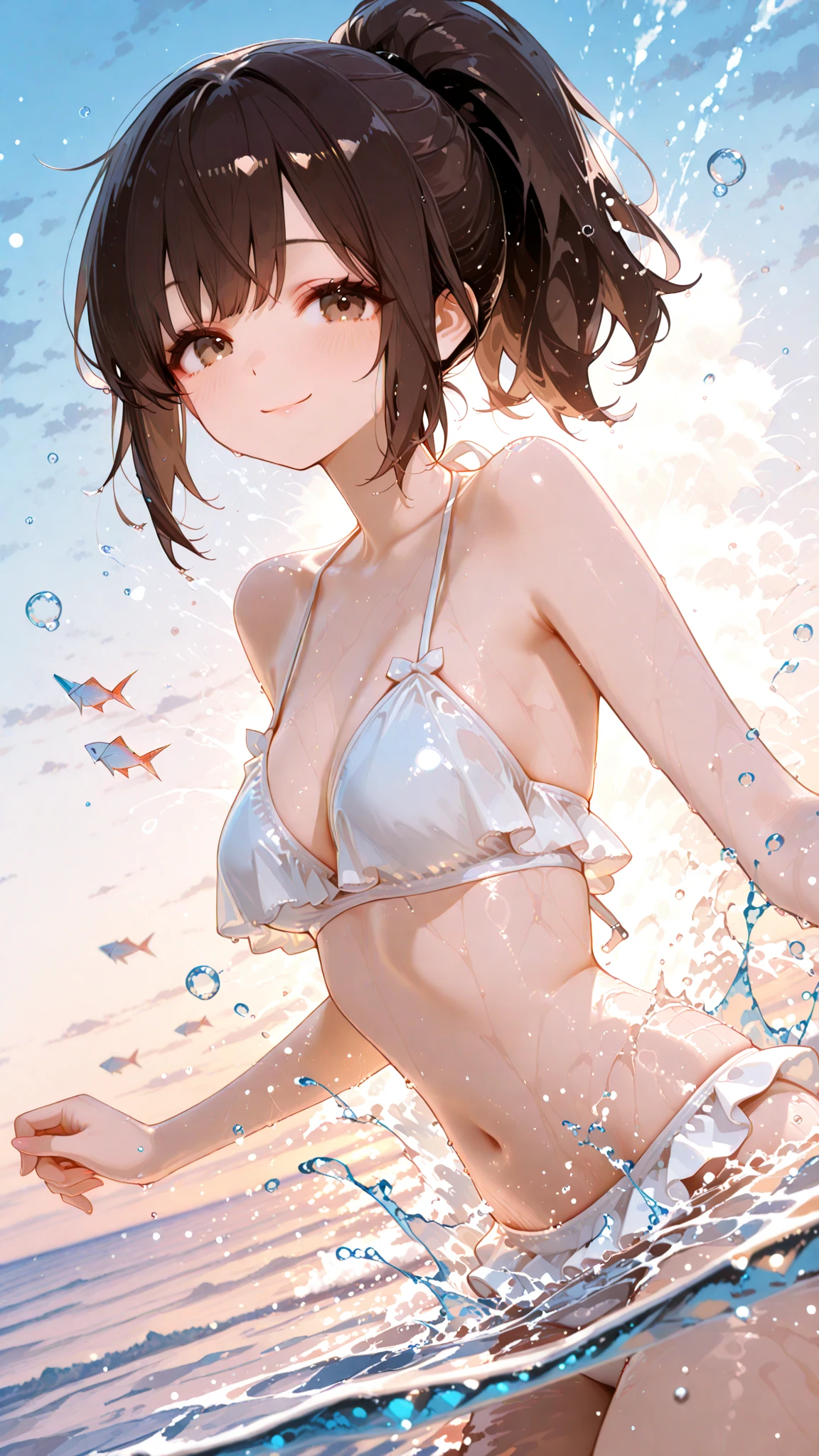1 girl,Lori,Petite,huge-breasted,pointed breast,cleavage,underboob,sideboob barbosa,(blush),((embarrassed)),Wet,spreading arms,Open legs,(((Clothes lift))),(see through),(((white))),(((Transparent School Swimsuit))),